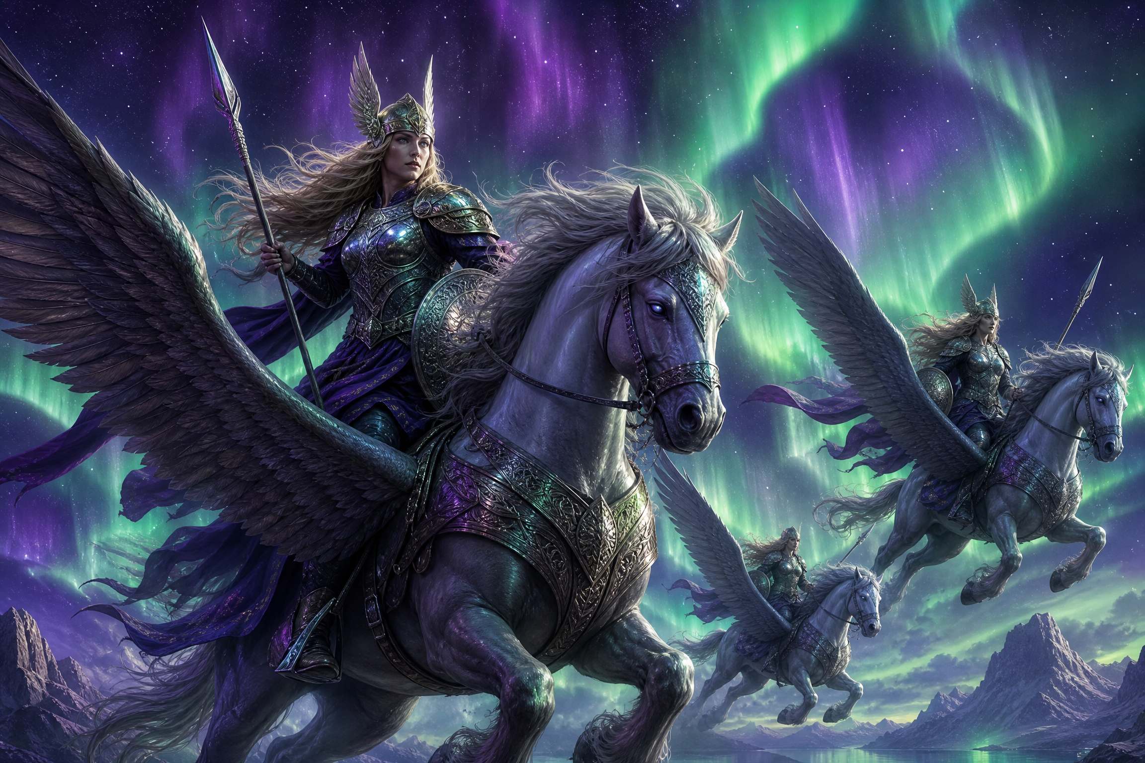 北欧神话中瓦尔基里骑马穿‍越极光夜空的艺术画